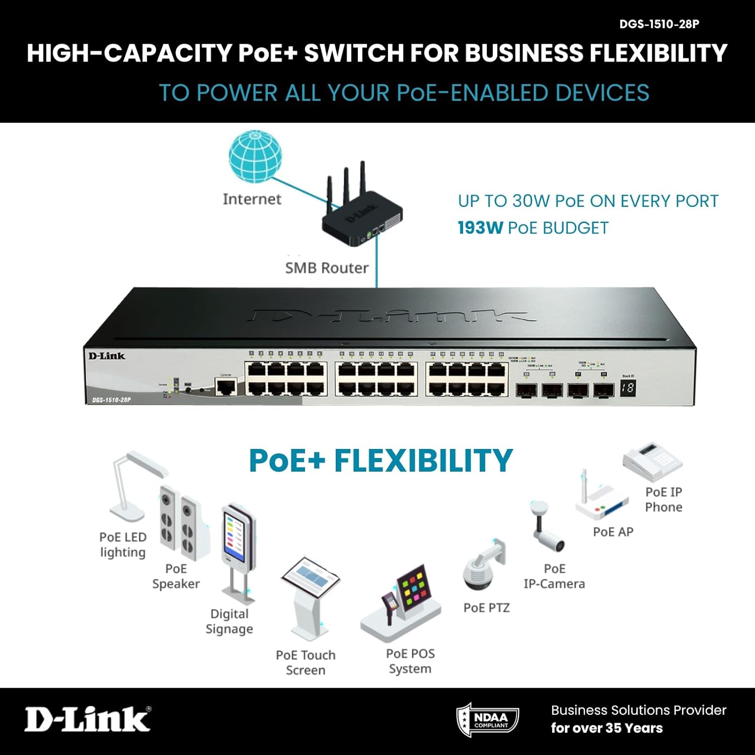 D-Link 28-Port Gigabit Stackable Smart Managed PoE+ Switch 10G Uplinks | 24 PoE+ (193W) 2 10GbE SFP+ 2 SFP Ports| L2+/L3 Lite |VLANs |Web Managed |Surveillance Mode | NDAA Compliant (DGS-1510-28P)