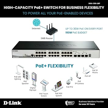 D-Link 28-Port Gigabit Stackable Smart Managed PoE+ Switch 10G Uplinks | 24 PoE+ (193W) 2 10GbE SFP+ 2 SFP Ports| L2+/L3 Lite |VLANs |Web Managed |Surveillance Mode | NDAA Compliant (DGS-1510-28P)