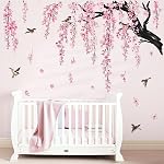 wondever Large Flower Tree Branch Wall Stickers Decor for Living Room Pink Cherry Blossom Floral Birds Wall Art Decals for Bedroom TV Wall (150cm*143cm)