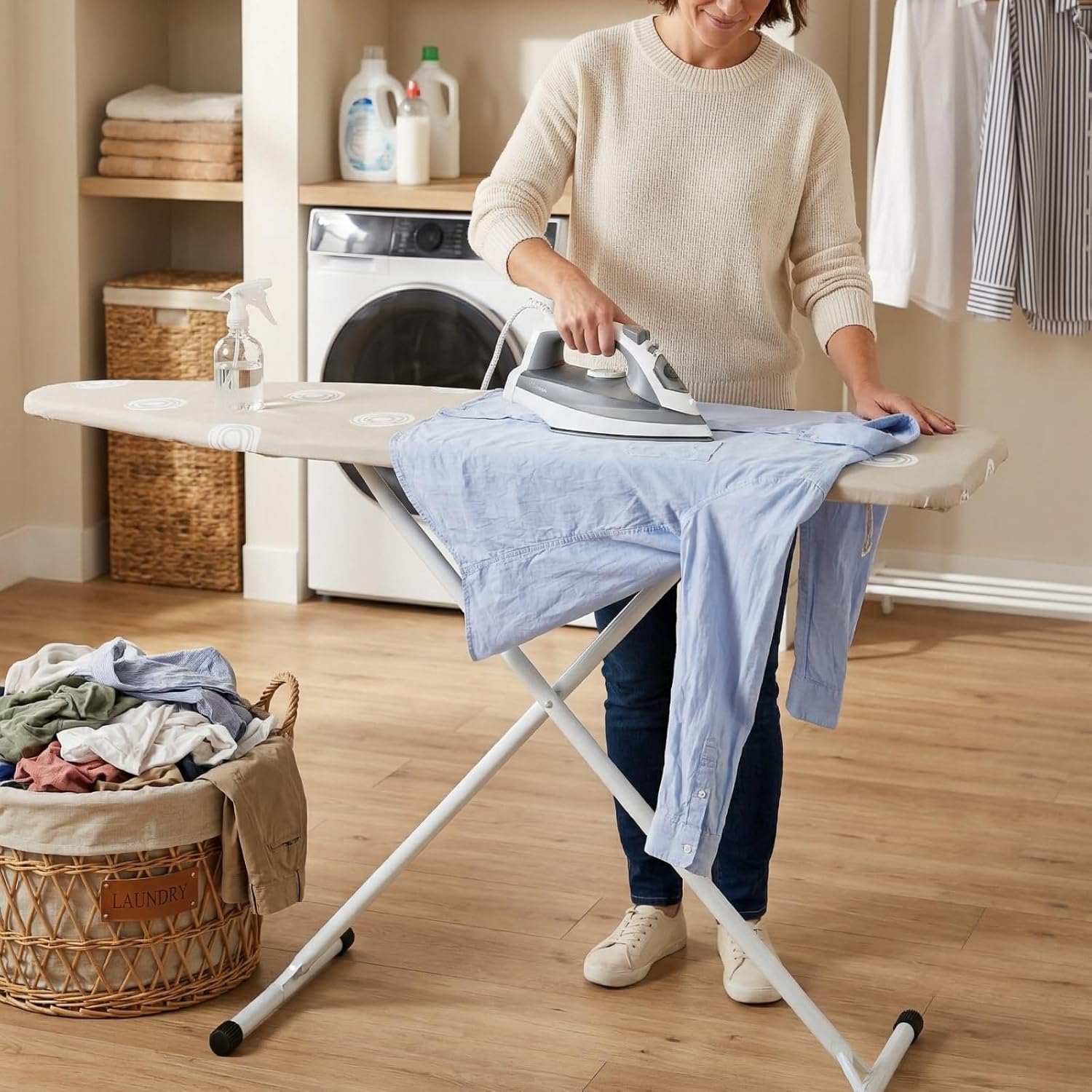 Full-Size Folding Ironing Board with Perforated Steel Top, Adjustable Height up to 35 Inches, Cotton Cover and Pad Included, Lightweight T-Leg Design for Laundry Room and Dorm Storage