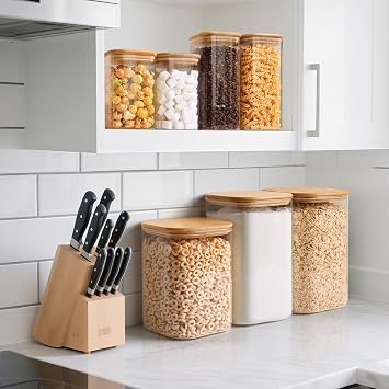 ComSaf Glass Storage Jars with Bamboo Lids 4.6 Qt 2 Pack Large Wide Mouth | Pantry organization, Flour Sugar Coffee Beans, Pasta Cereal Dry Food, 1.2 Gallon, Cabinet Organization, Dry Food Storage