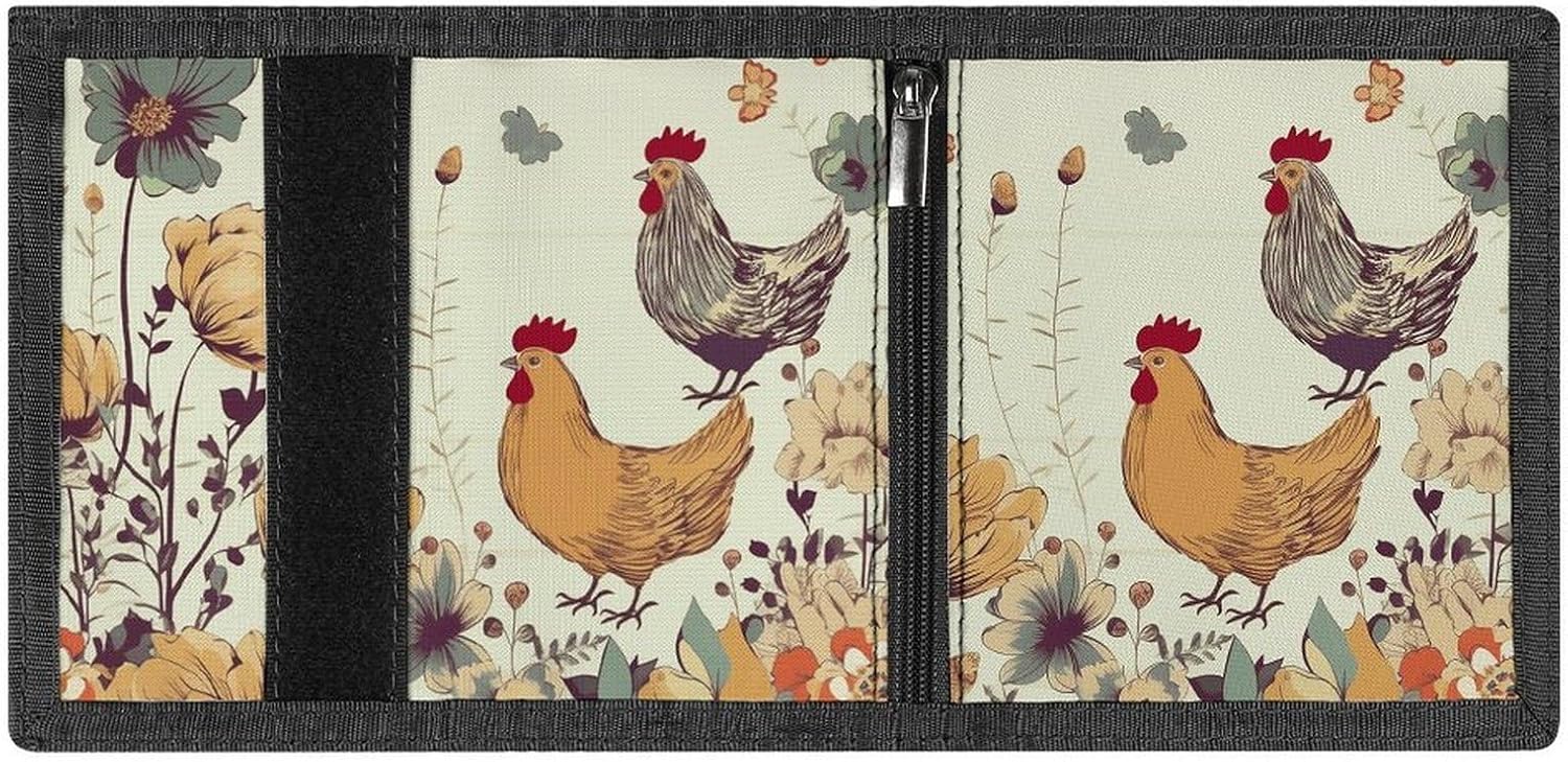 Hen Flying Butterflies Among Flowers Trifold Wallets Slim Wallet Novelty Pocket Purse Multiple Card Slots Outdoor Travel Wallet Stylish Durable Wallets For Men Women