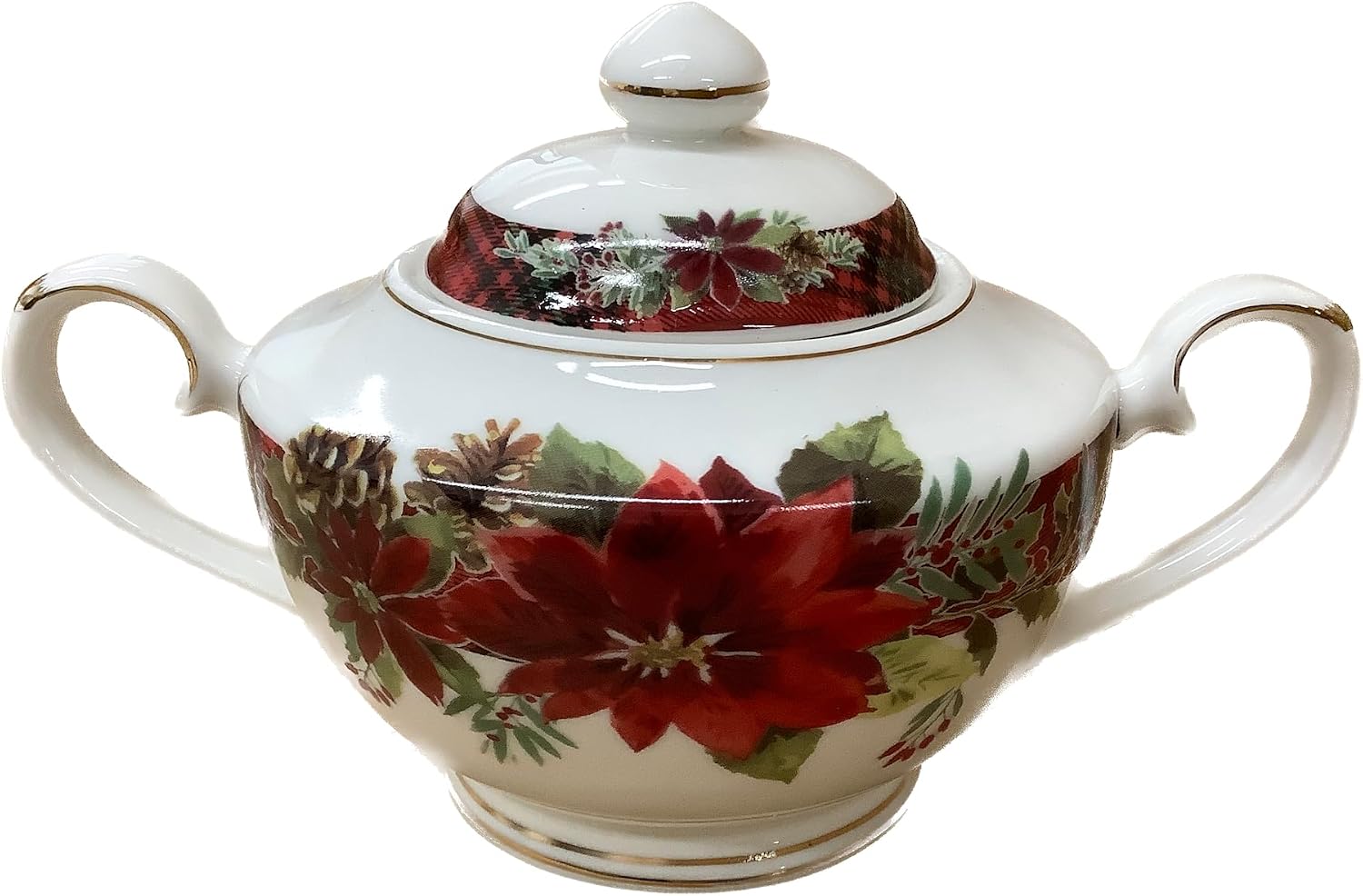 Fine Porcelain Sugar Bowl with Lid (Poinsettia Pine Cone)