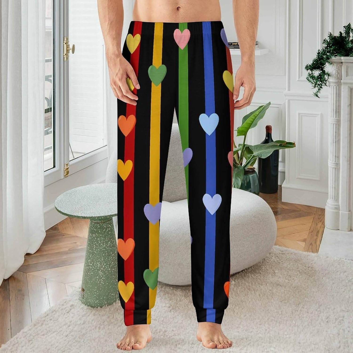 Gay Rainbow Flag Heart Mens Pajama Pants Soft Lounge Pants Pj Bottoms with Pockets