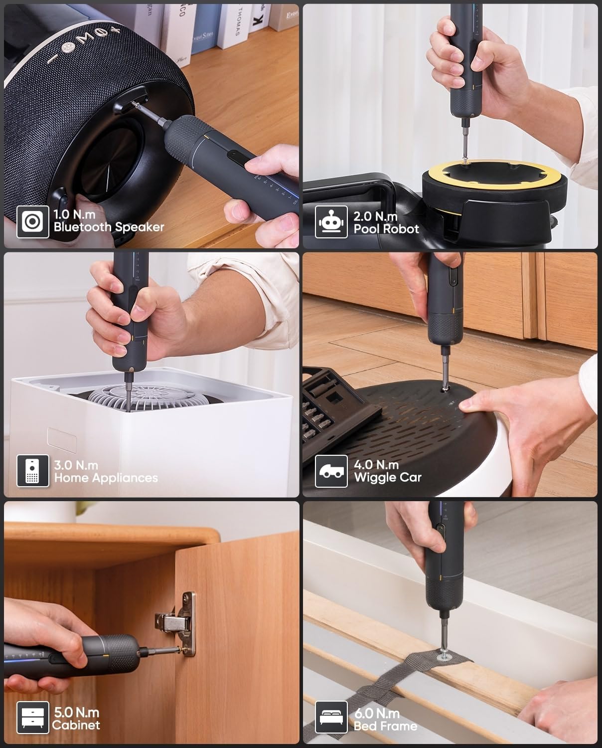 Collage of Fanttik S2 Pro Max Electric Screwdriver being used for various tasks at different torque settings, including Bluetooth speaker, pool robot, home appliances, wiggle car, cabinet, and bed frame.