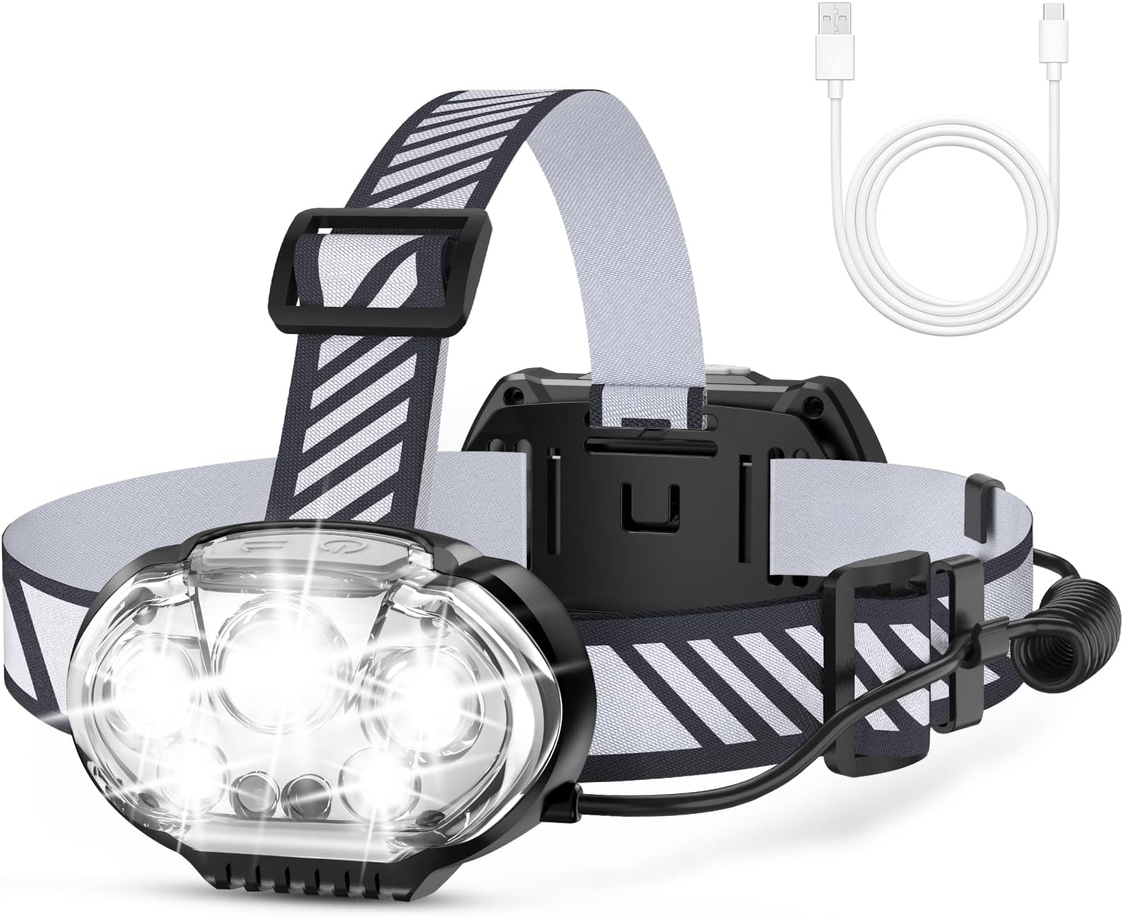 MIOISY Rechargeable Headlamp, Ultra-Bright 5 LED Head Lamp with Red White Light,IPX4 Waterproof Headlight,8 Mode Head Flashlight for Outdoor Running Hunting Fishing Hiking Camping Gear