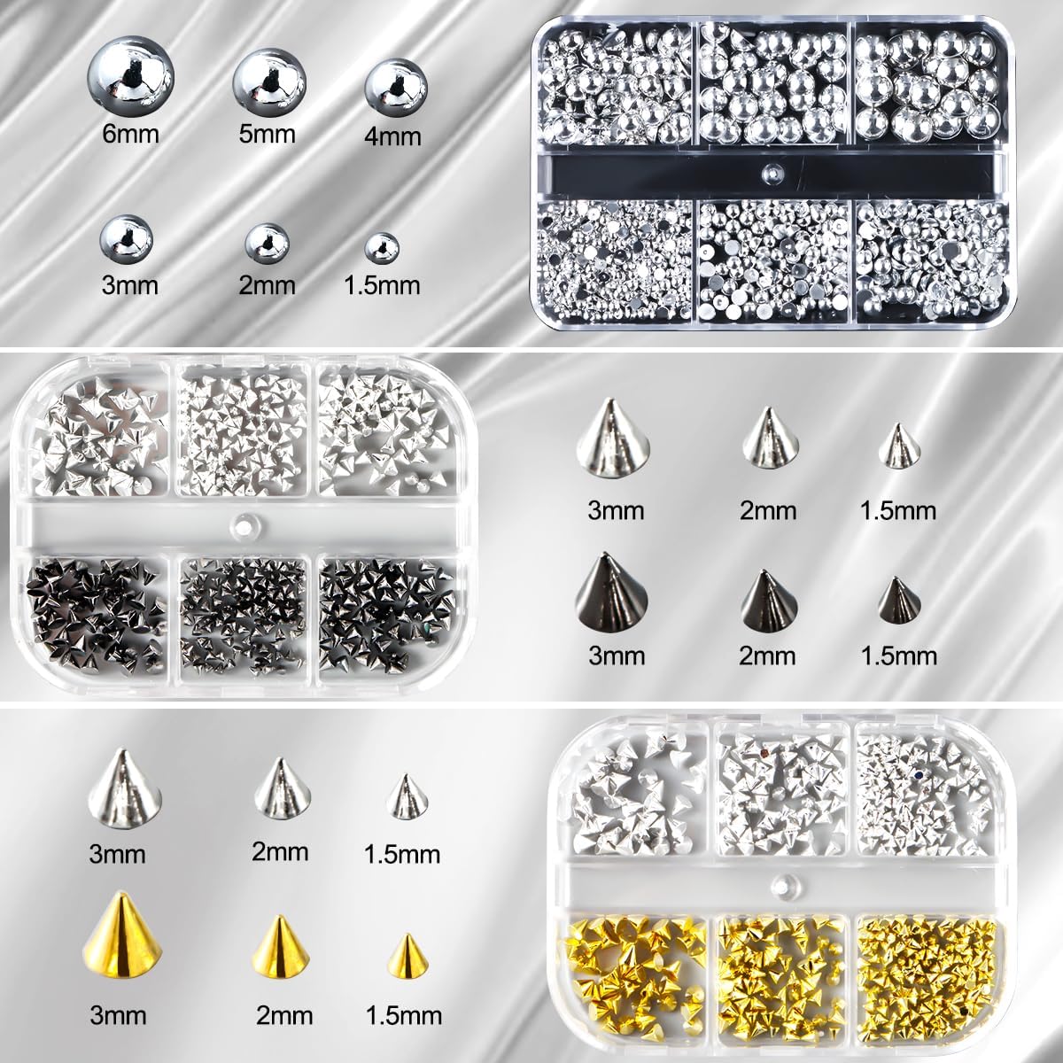 3 Boxes Goth Punk Nail Charms Metal Rivet Studs and Half Round Caviar Beads for Nails, 3D Alloy Cone Spike Studs Mini Rivet Studs Nail Supplies for Women DIY Manicure Decoration Accessories