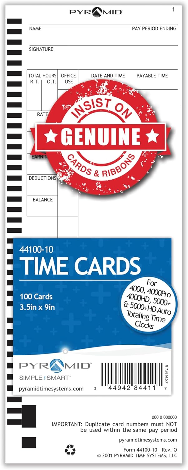 Pyramid Time Systems, 44100-10MB, 1,000 Count Genuine and Authentic Time Cards for 4000, 4000Pro, 4000ProK and 5000 Series Time Clocks from Pyramid, Time Cards