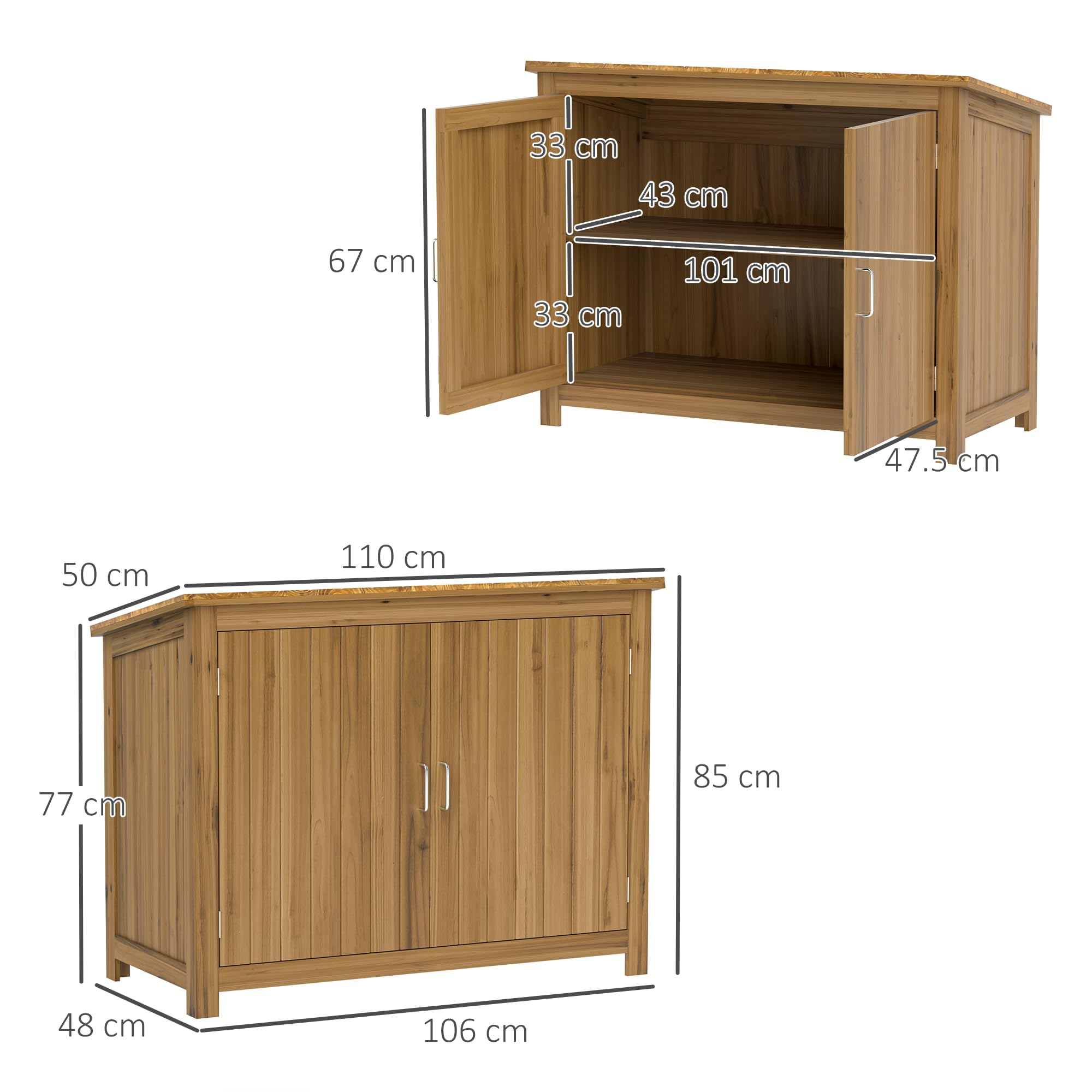 Outsunny Casetta da Giardino con 2 Ante, 2 Scaffali, Tetto Inclinato e Base Sollevata Armadio da Giardino in Legno di Abete per Terrazza e Giardino 110x50x85 cm Marrone