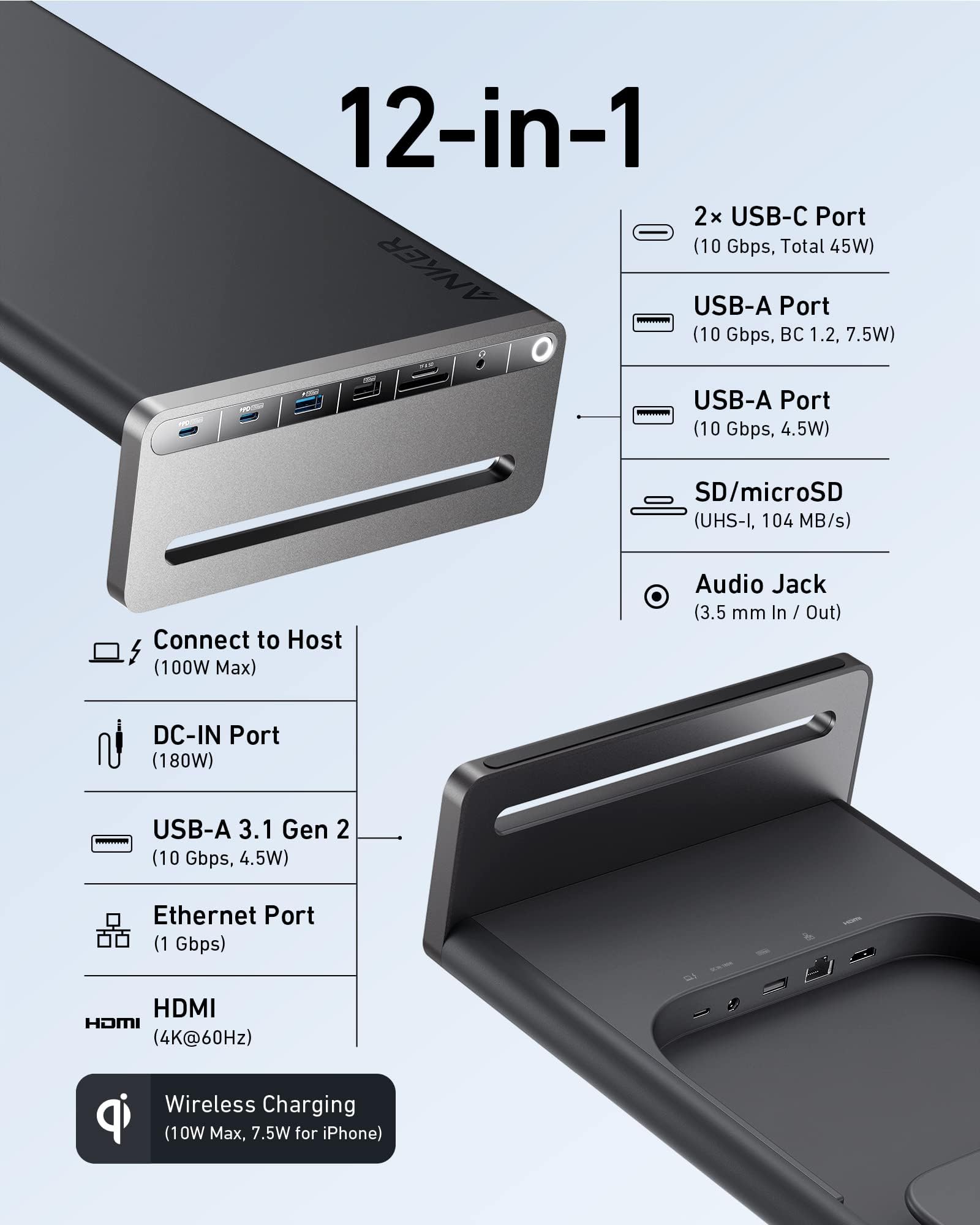 Anker 675 USB-C stacja dokująca (12 w 1) z portami USB-C 10 Gb/s, ekran 4K 60 Hz HDMI, bezprzewodowa ładowarka, do Lenovo ThinkPad, MacBook Pro M1/M2 i innych urządzeń | Z portami USB-C 10 Gb/s, wyświetlaczem HDMI 4K przy 60 Hz, bezprzewodowym blokiem ład