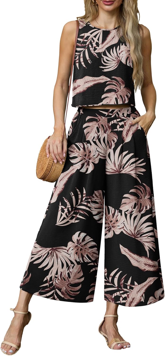 Lepunuo Womens Summer 2 Piece Outfits Sleeveless Crop Top Flowy Wide Leg Pants Matching Sets Vacation Beach Travel Outfits
