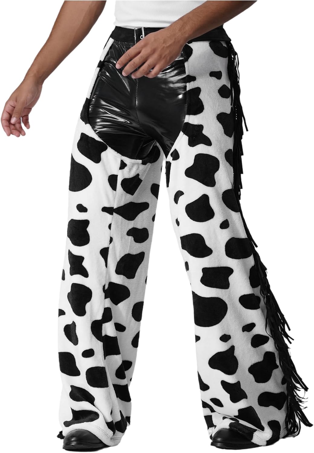 Mens Cow Print Cowboy Chaps Tassel Faux Suede Flannel Pants Chaps Halloween Costumes