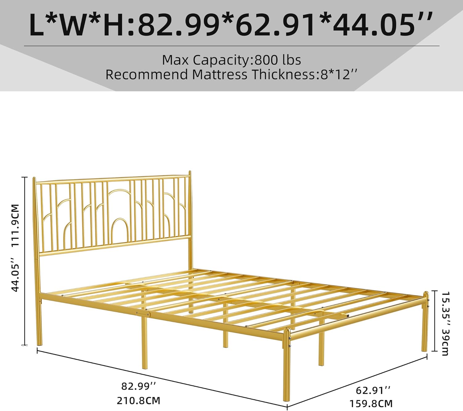 LUMISOL Metal Queen Platform Bed Frame with Iron-Art Headboard, Modern Bed Frame with Under Bed Storage Space, Gold