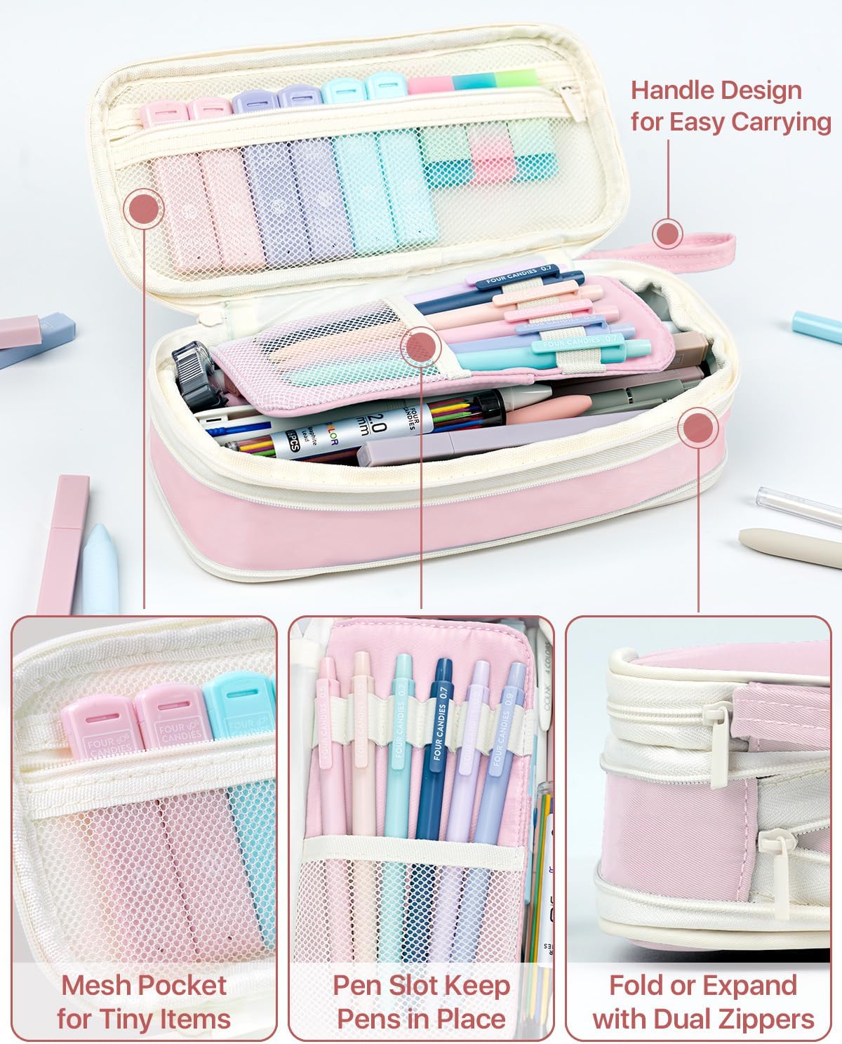 Four Candies 56 PCS Aesthetic School Supplies with Cute Pencil Case, 6 Multicolor Pen, 12 Pastel Highlighters, 5 Gel Pens Black Ink, 9 Mechanical Pencils for Student Stationary Set Preppy Stuff (Pink) - Image 4