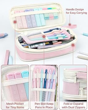 Four Candies 56 PCS Aesthetic School Supplies with Cute Pencil Case (Pink) | 6 Multicolor Pen, 12 Pastel Highlighters, 5 Gel Pens Black Ink, 9 Mechanical Pencils for Student Stationary Set Preppy Stuff