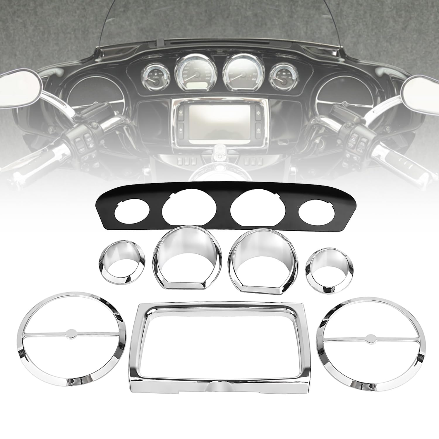 XMMT Black Mounting Plate w/Chrome Inner Fairing Gauge Bezel Trims Center Stereo Accent Speaker Trim For Harley Electra Glide Street Glide Tri Glide Ultra Limited 2014-2023