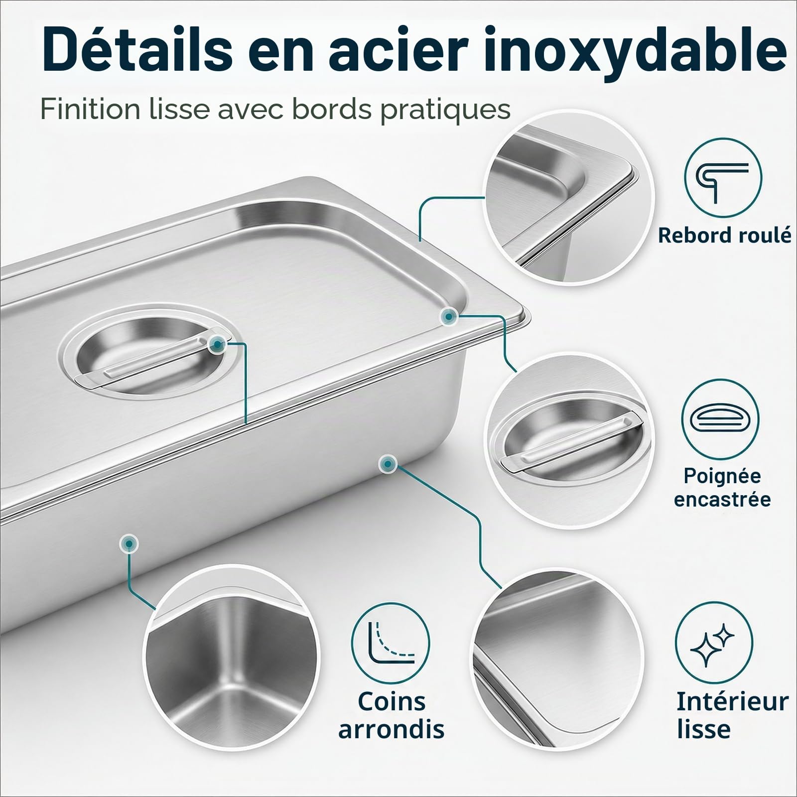 WOPPLXY Lot de 4 Plat Inox avec Couvercle, GN 1/3 Bac Inox avec Couvercle, 32,5 x 17,5 x 6,5 cm Bac Inoxs Alimentaire pour des Fours à Convection, des Bain-Maries, des Chafing Dishes