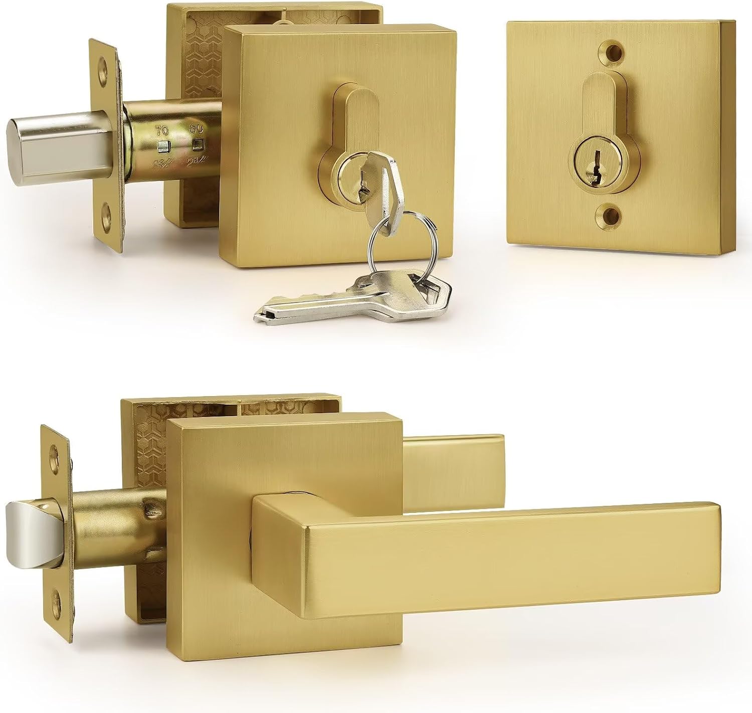 Probrico Satin Gold Exterior Door Locksets Square, Heavy Duty Front Door Passage Handle and Double Cylinder Deadbolt Set Keyed Alike, Brushed Brass, 1 Pack