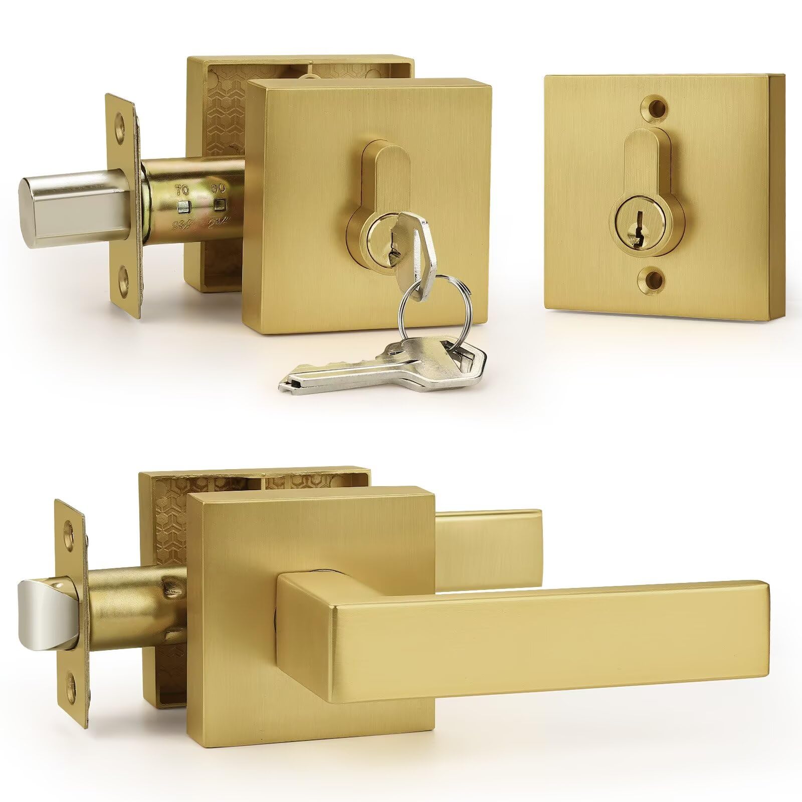 Serrure de porte extérieure dorée au design carré satiné et cylindre haute sécurité