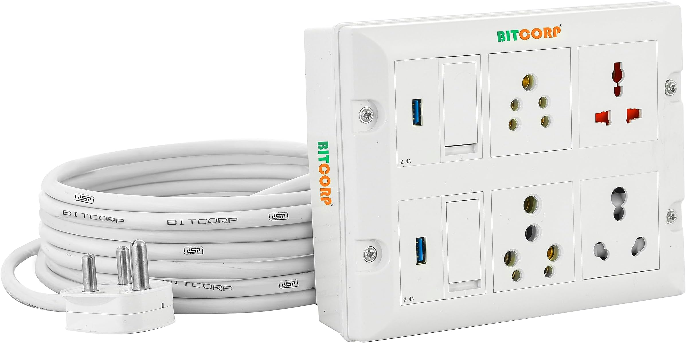 BITCORP 16A Power Extension Board with 4 Socket 2 Switch + 2 USB-A + Type-C Fast Charging, 2500W, 2 Meter 1.5mm Electric Cord for Phone Charging, AC, Refrigerator, Home and