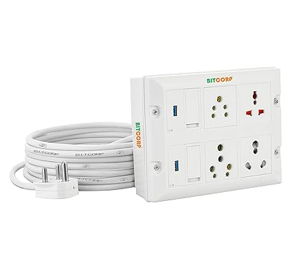 Bitcorp Multi Socket USB Extension Board Mcb 4 Way Plug and 2 Switch 6A 16A 20A (2500W) 4 Meter Long Length Cord Compatible with Ac, Fridge, Washing Machine, Microwave and Heavy Appliances (White)