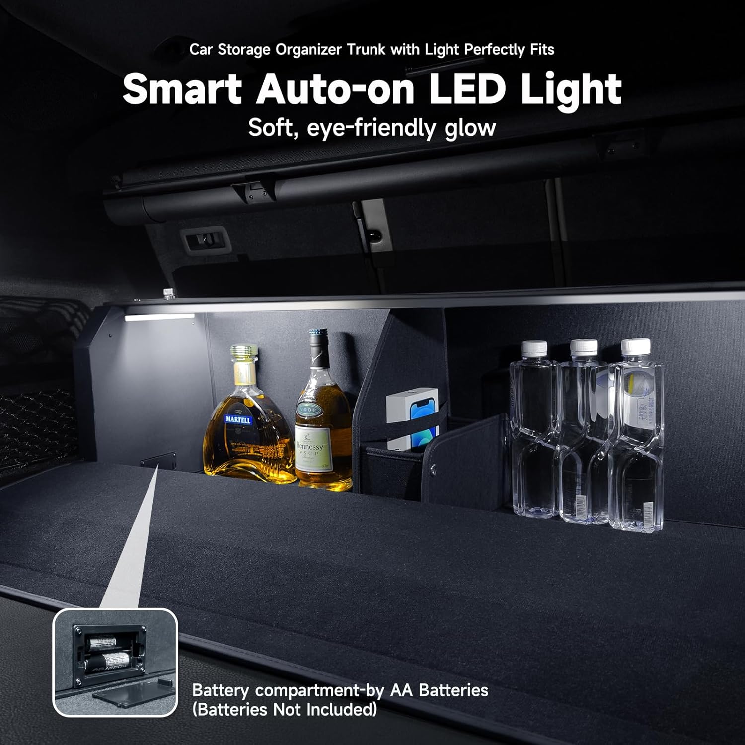 Trunk Orgainzers with Light for Honda CR-V(5 seater) 2023-2026, Leather Car Organizer Storage with Handle & Lid, Trunk Cargo Organizer for SUV Powered by 4 AA Batteries (Batteries Not Included)