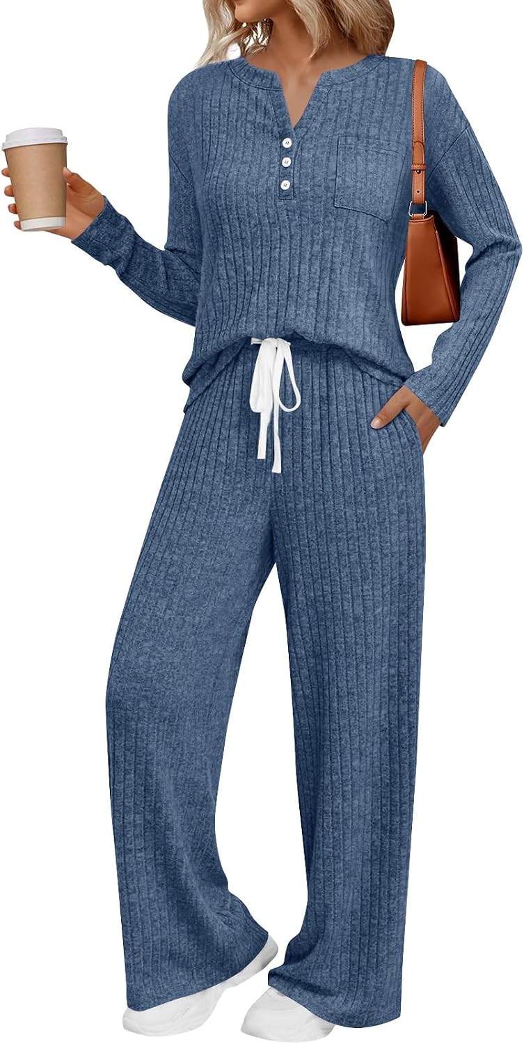 Aymnlox Womens 2 Piece Lounge Sets Pajamas Ribbed Knit Outfits V Neck Long Sleeve Fall Clothes Comfy Casual Sweatsuits