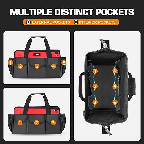 Miniatura 5 de Kingfun Bolsa de herramientas para hombres de 16 pulgadas, organizador de bolsas de herramientas resistentes de 14 bolsillos, correa de hombro