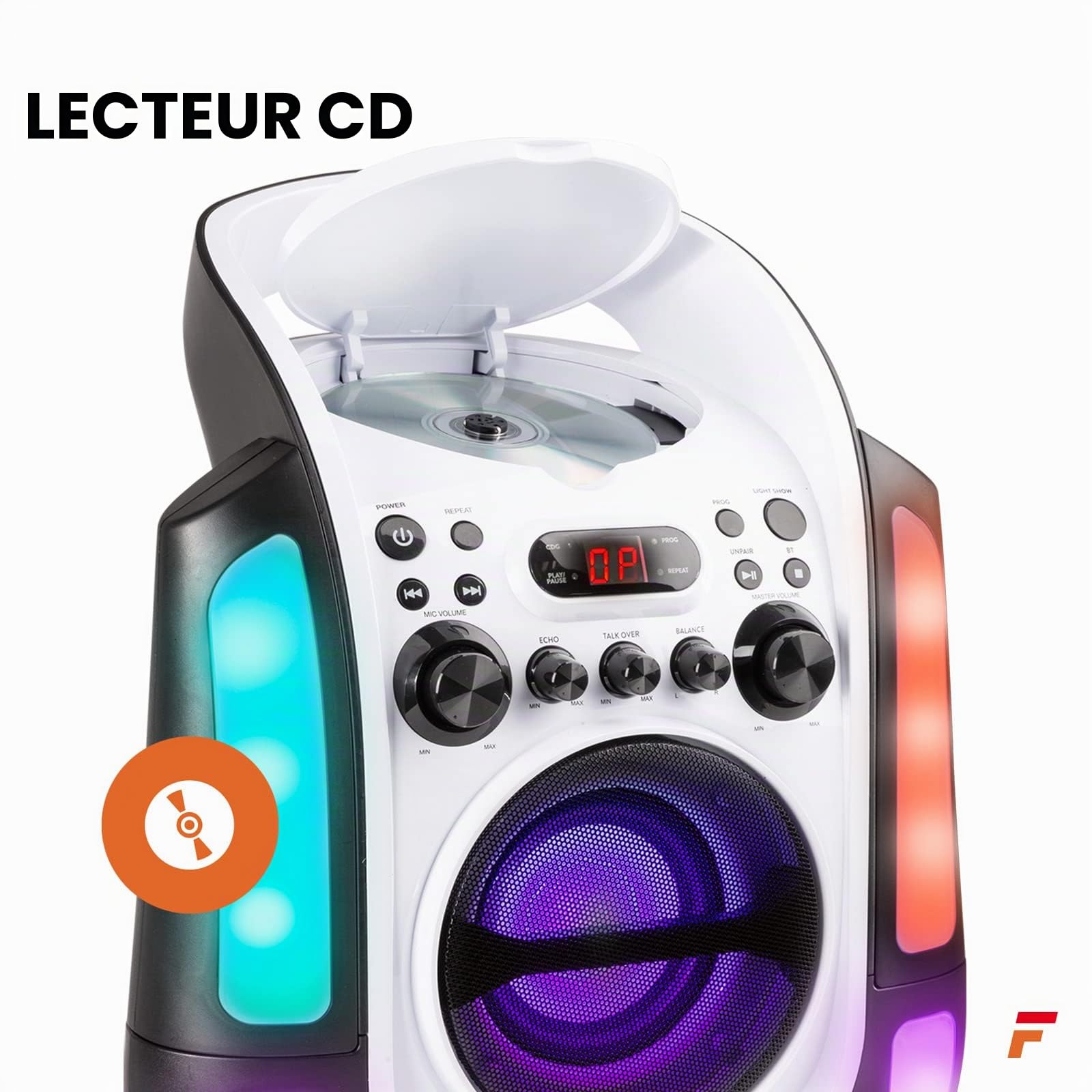 Fenton SBS30W - Enceinte Karaoké Portable avec 2 Microphones - Blanc, Fonction Bluetooth et Effets Lumineux LED, Lecteur CD + G, Parfait pour Une Soirée Karaoké, Idéal pour Chanter Entre Amis