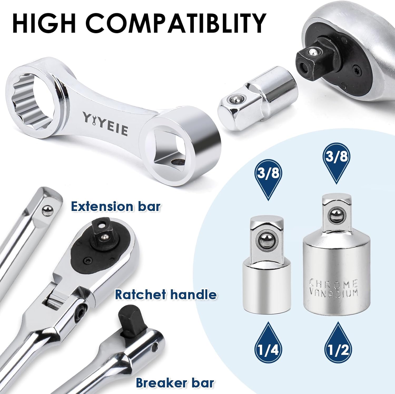 YIYEIE 10PCS Torque Adapter Set Metric, 10, 12, 13, 14, 15, 17, 19mm Torque Wrech Extension Adapter, 12 Point Box End Torque Wrench Adapter 3/8" Drive, with 1/2'' and 1/4'' Adapters, EVA Foam
