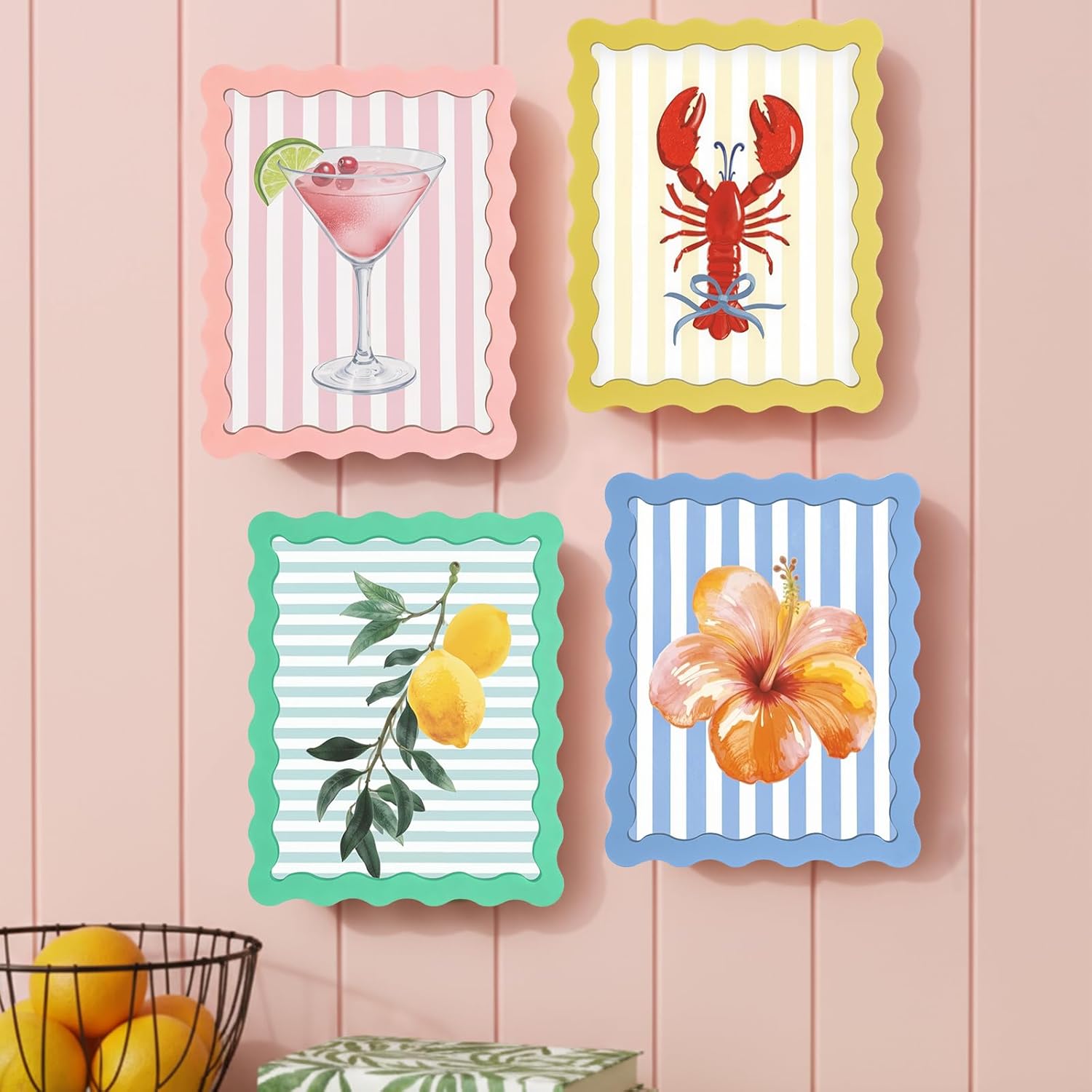 Novabright 4 Set 8x10 Colorful Scalloped Picture Frame Maximalist Decorative Picture Frame with Glass Front Wavy Trim Art Table Wall Hanging Whimsical Home Decor Gift (Pastel)