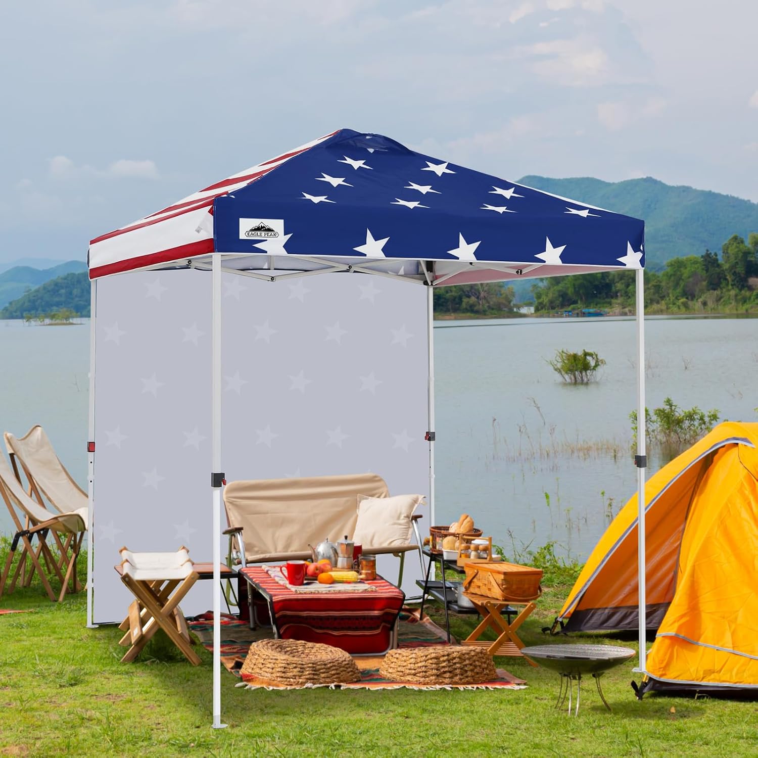 EAGLE PEAK Commercial Canopy 6.6x6.6 Pop Up Canopy Tent with 1 Sidewall, Easy Setup Heavy Duty Instant Event Shelter for Vendors & Markets, Outdoor Sun Shade, American Flag