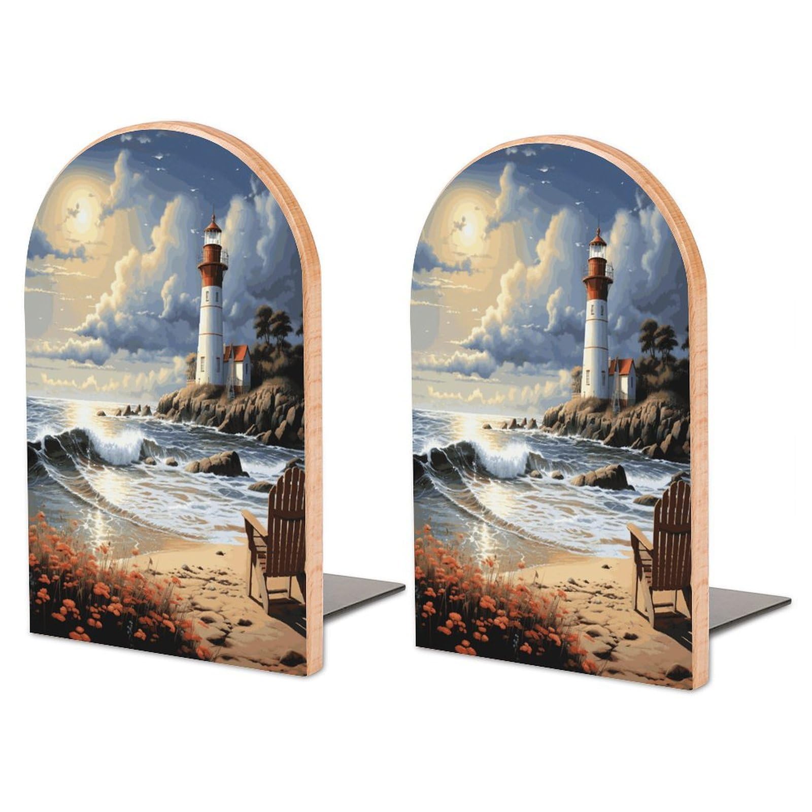Large Sea Lighthouse Sandbeach Book End with Metal Base Fashion Heavy Duty Bookend Exquisite Wooden Bookends Non-Skid Book Stopper for Shelves Books Organizer for Office Home 1 Pair