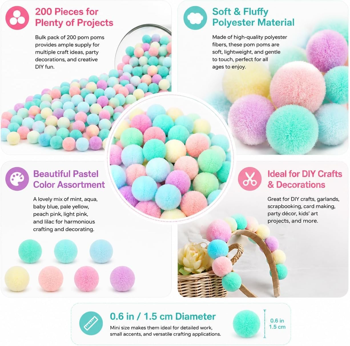 200 Pcs Pastel Pom Poms for Crafts, Mini Fuzzy Balls for Art Decorations