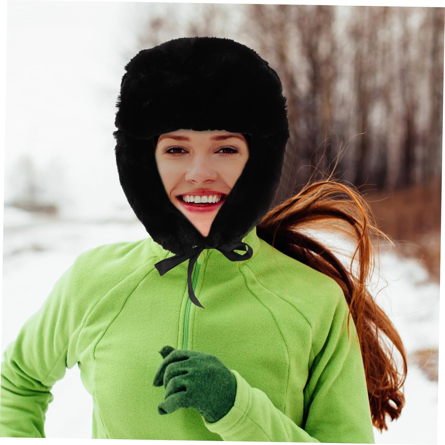 Ipetboom Fluffy Faux Fur Trapper Hat Ear Flaps for Women Men Warm Winter Cover Ears Black