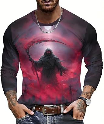 KIDVOVOU Mens Grim Reaper 3D Print Graphic Tee Shirts Long Sleeve Lightweight Casual Cool Streetwear T-Shirt