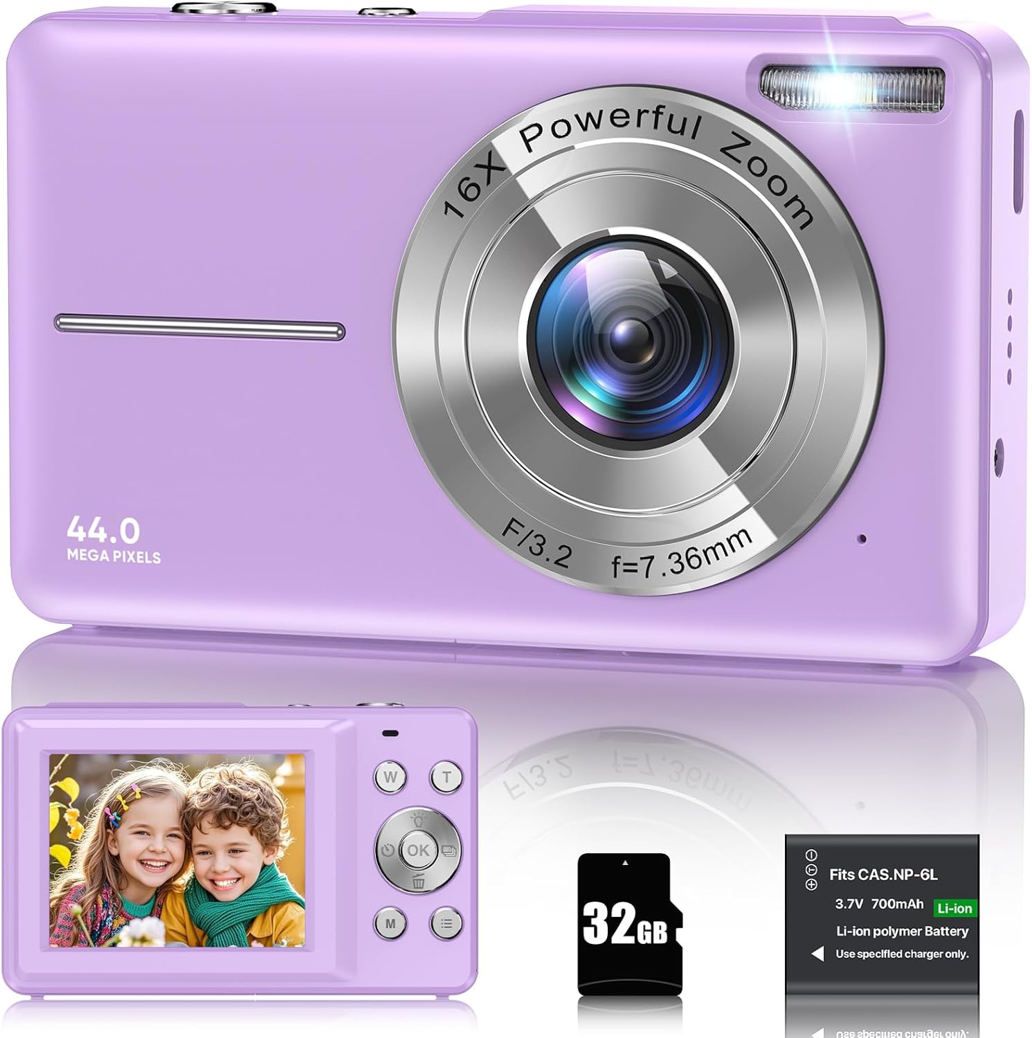 Digital Camera 1080P, 44MP Photo Camera, 16X Digital Zoom Camera, Vlogging Camera, Compact Camera with 2.4 Inch LCD Screen, 32G Micro Memory Card, 1 Battery for Children, Teenagers, Students, Beginners, Purple