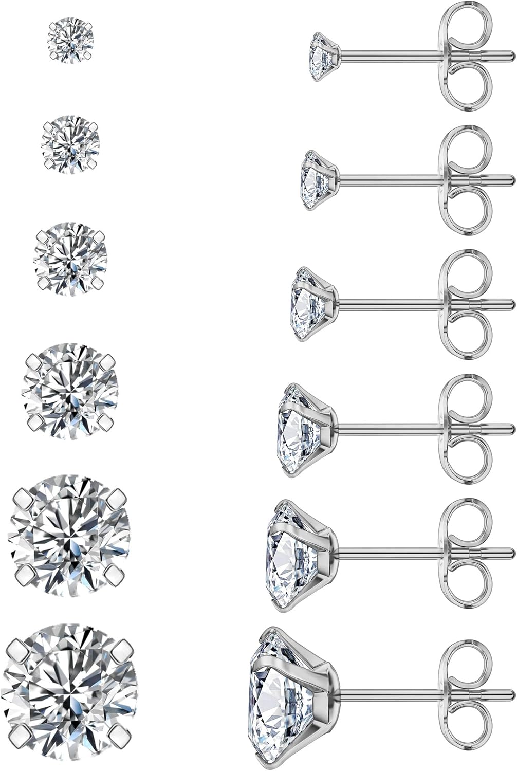 6 Pairs Stud Earrings Set, Hypoallergenic Cubic Zirconia 316L Earrings Stainless Steel CZ Earrings 3-8mm