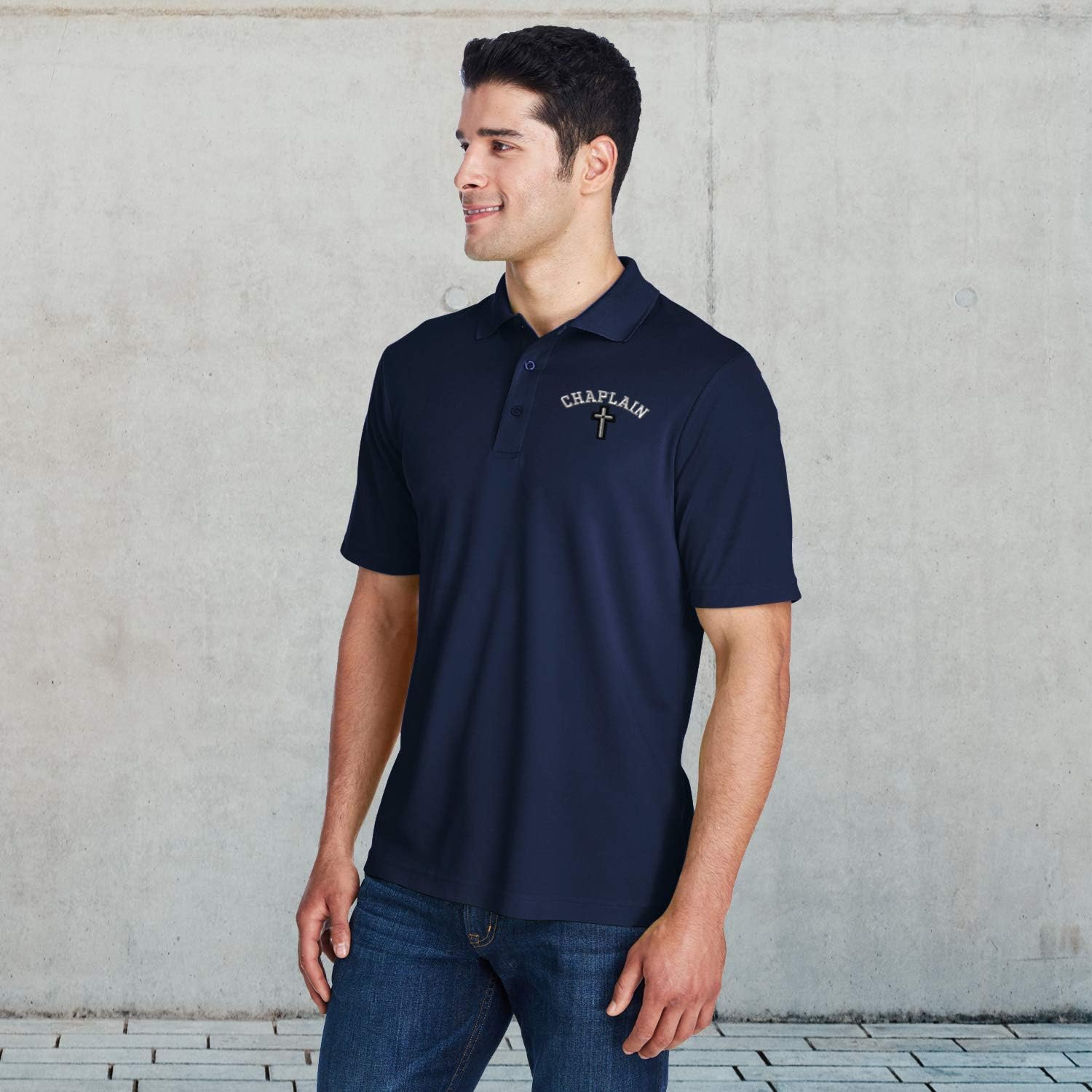 Performance Golf Tees Cristian Chaplain Cross Embroidery Polyester Short Sleeves Polo Shirts for Men Navy 3X Large