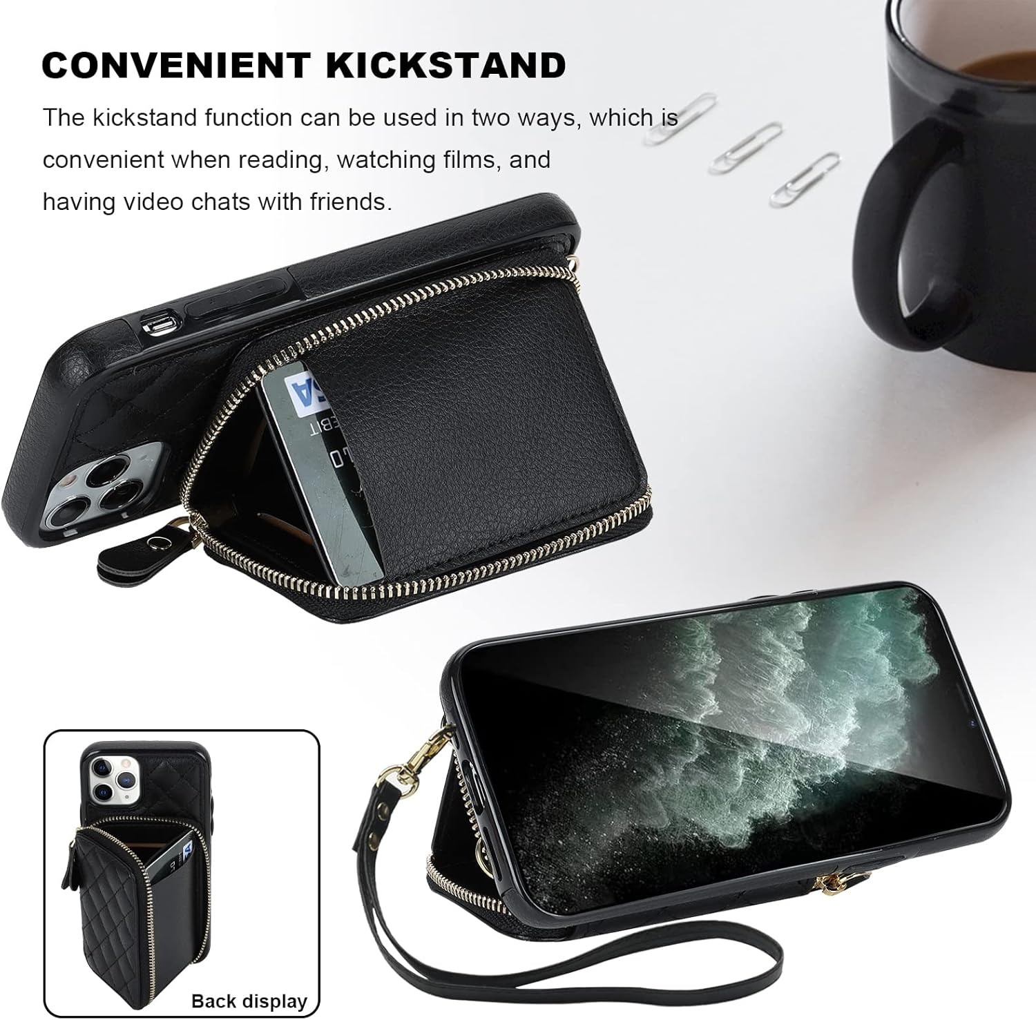 Bocasal Crossbody Wallet Case for iPhone 11 Pro, RFID Blocking PU Leather Zipper Handbag Purse Flip Cover, Kickstand Folio Case with Card Slots Holder Wrist Strap Lanyard 5.8 Inch (Black)