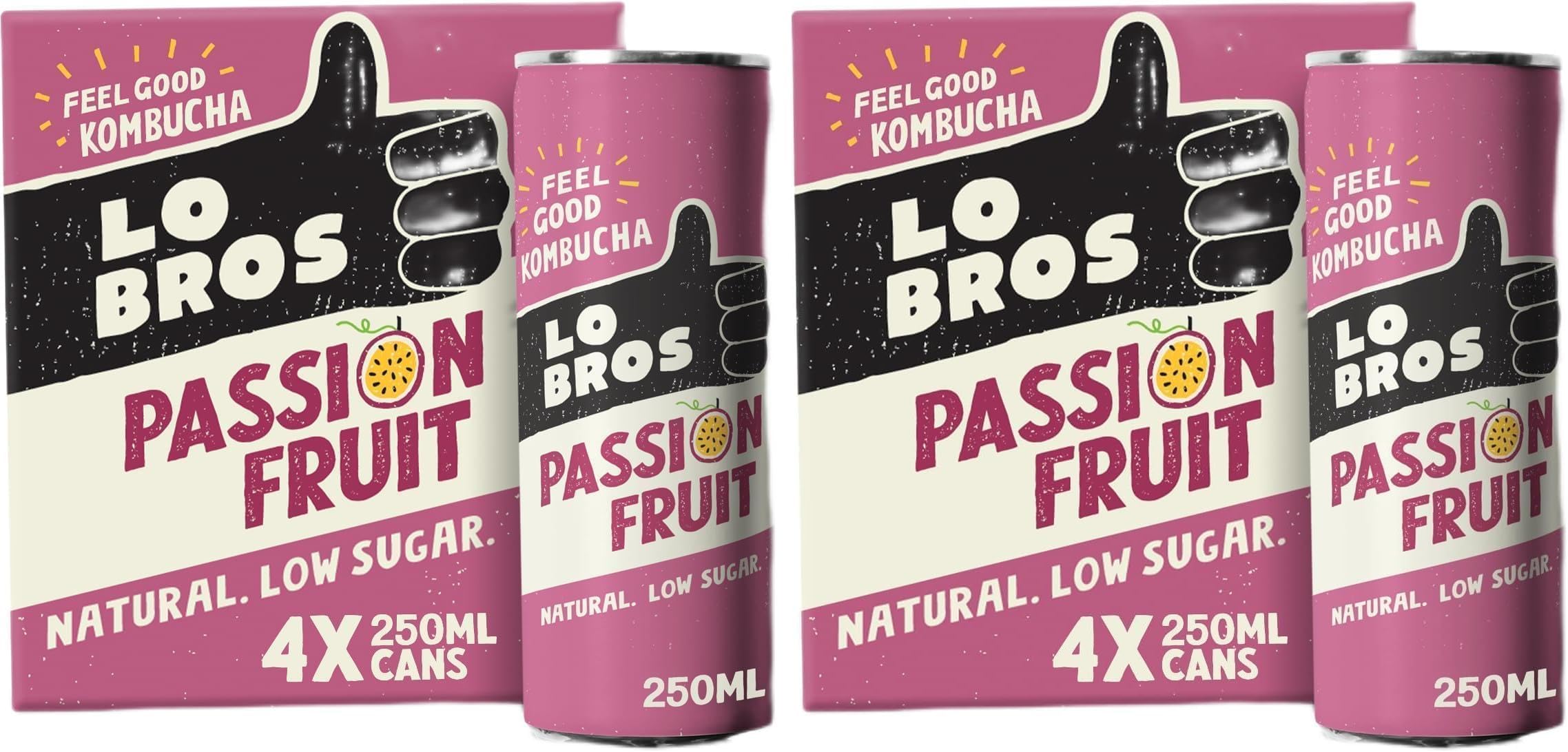 Lo Bros Kombucha Passionfruit Low - Sugar 4 x 250ml – Vegan, Gluten Free, Low Sugar, Live Cultures (Pack of 2)