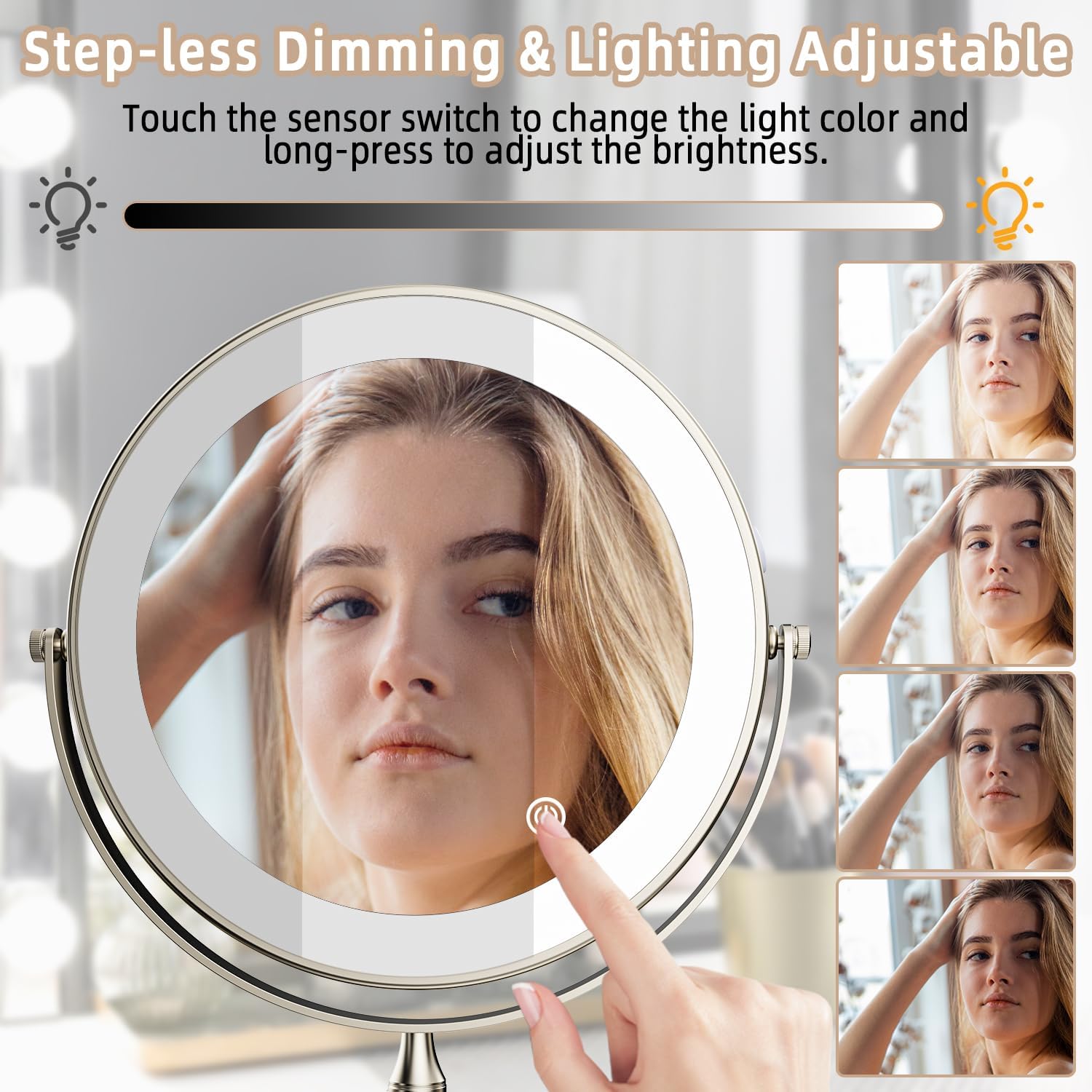 Espejo Maquillaje Con Luz Pared, Espejo Aumento Baño 1X/10X Giratorio 360, Con 3 Colores Regulable, Espejo De Aumento Con Luz, Recargable Espejo Para Baños, Hoteles
