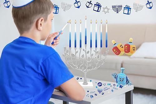 Miniatura 6 de The Dreidel Company Menorá de Hanukkah cónico de lujo tricolor azul, azul y blanco, velas para las 8 noches de Janucá (individual)