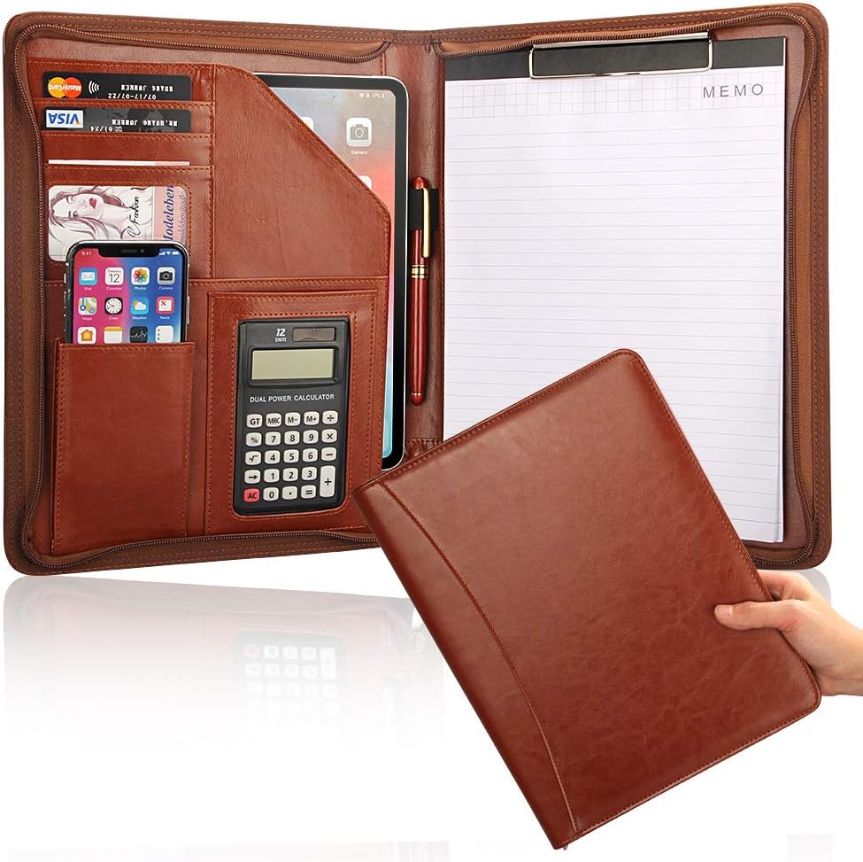 Women's Business Portfolio Organizer with Calculator& Clipboard, Brown Zippered Padfolio Cover Document Folder Leather Pad Portfolio Case