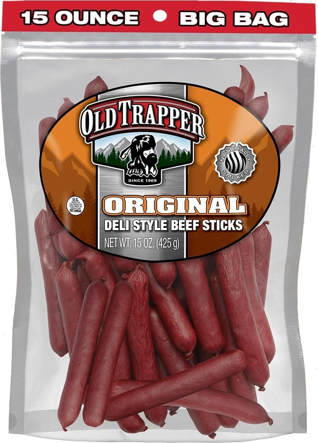 Old Trapper Original Deli-Style Beef Sticks,15-Ounce Package, Perfect for On-the-Go Snacking, Six Grams of Protein and Zero Grams of Sugar per Serving (Pack of One)