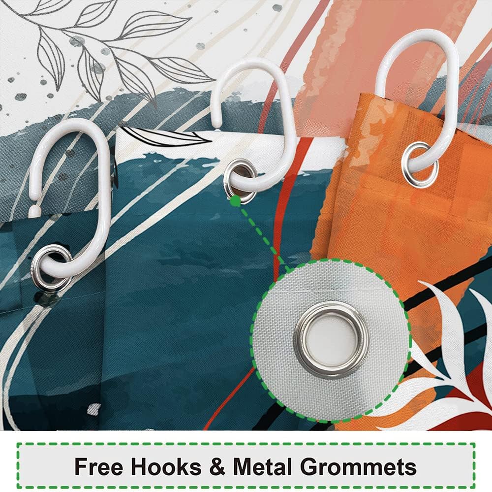 Mid Century Boho Shower Curtain 72Wx84H Abstract Eucalyptus Leaves Navy Blue and Coral Color Shower Curtains Modern Aesthetic Art Fabric Waterproof for Bathroom Decor 12 Plastic Hooks