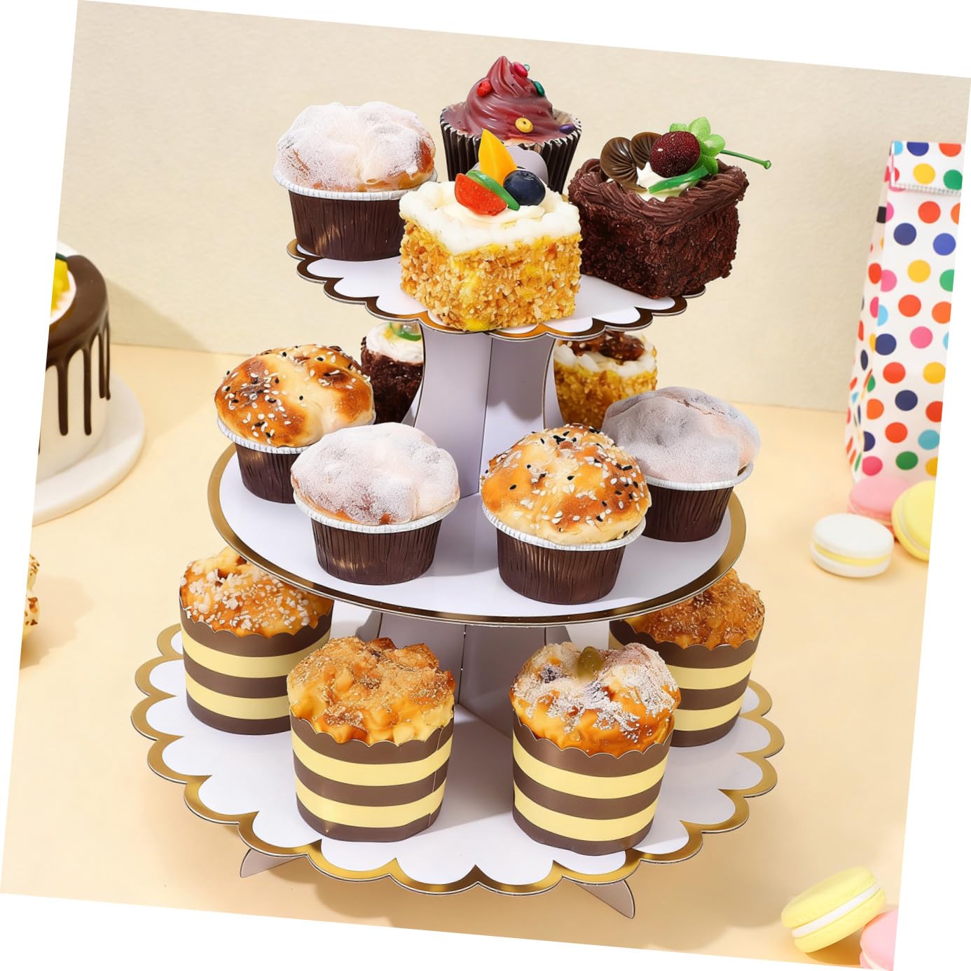 Alipis Soporte para Cupcakes de 3 Niveles Blanco de Cartón, 3 Piezas | Discos Redondos y Soporte Central Firme, para Bodas y Fiestas, Estructura Estable