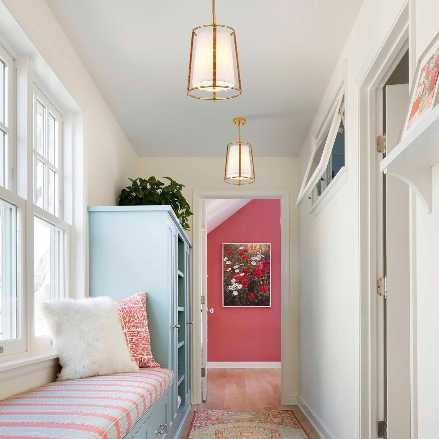 Modern Gold Pendant Lights Fixture, Farmhouse Mini Chandelier with White Fabric Shades Adjustable Hanging Pendant Light Fixtures for Kitchen Island Sink Hallway Dining Room, Dia 10’’, UL Listed