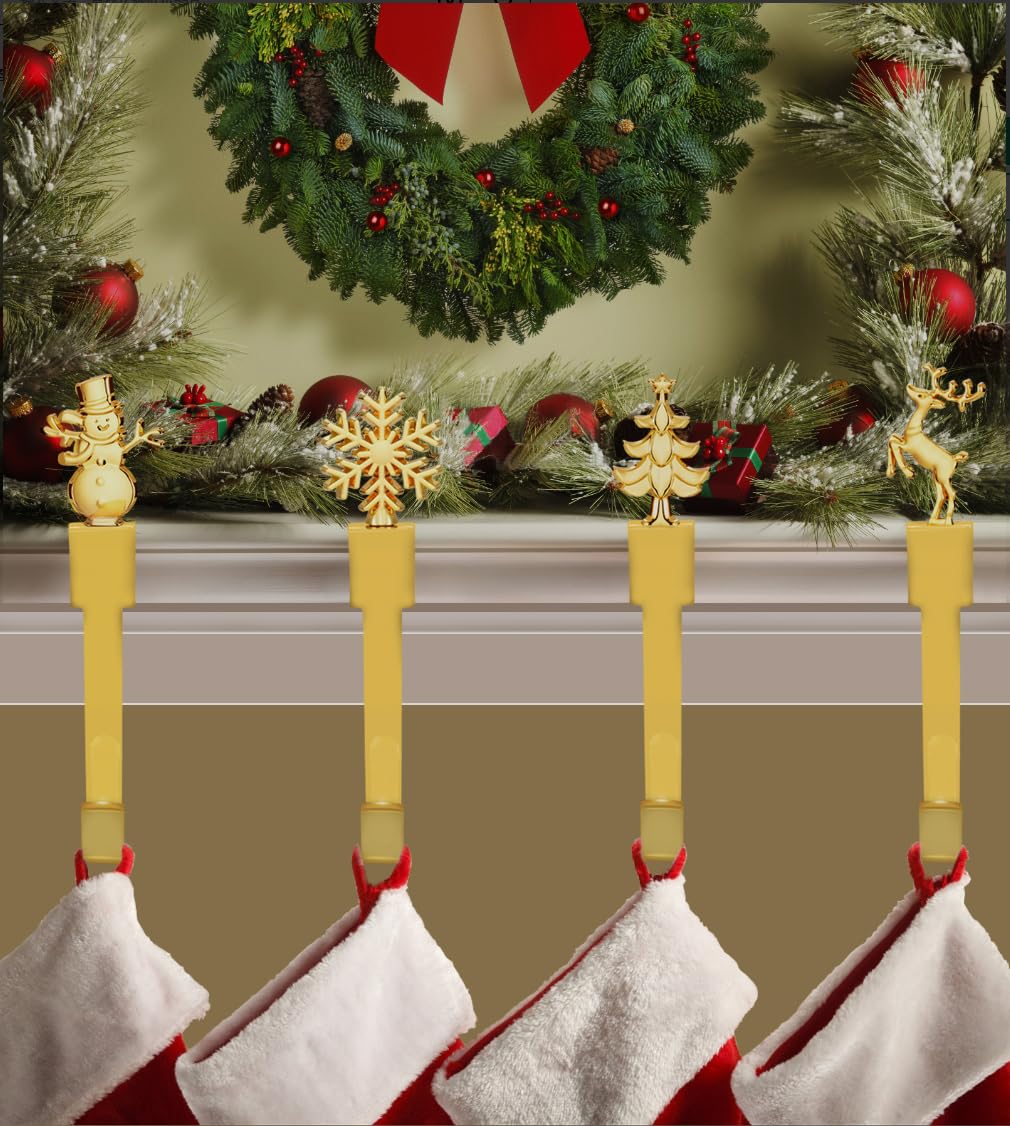 Juego de 4 soportes para calcetines de Navidad para chimenea, ganchos de metal dorado para calcetines de Navidad para chimenea, ganchos para calcetines de Navidad familiares