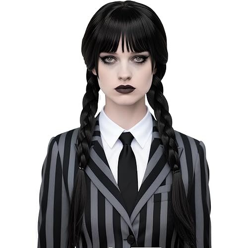 Women Black Braided Wig with Bangs Black Pigtail Wigs Synthetic Hair for Women